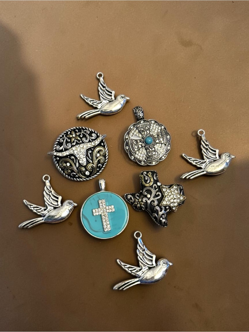 Western & faith rhinestone pendant charm lot Texas  longhorn cross bird jewelry